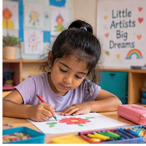 A child drawing happily at her classroom desk