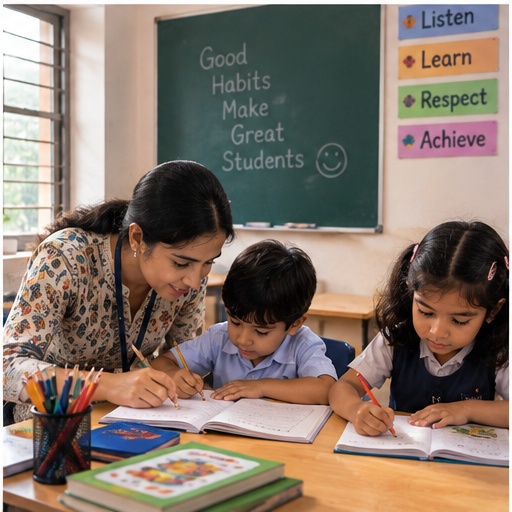 A teacher helping two children with their schoolwork at a classroom desk