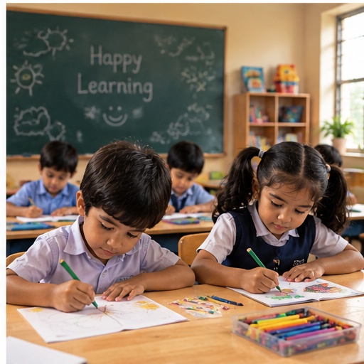 Children colouring together at their classroom desk